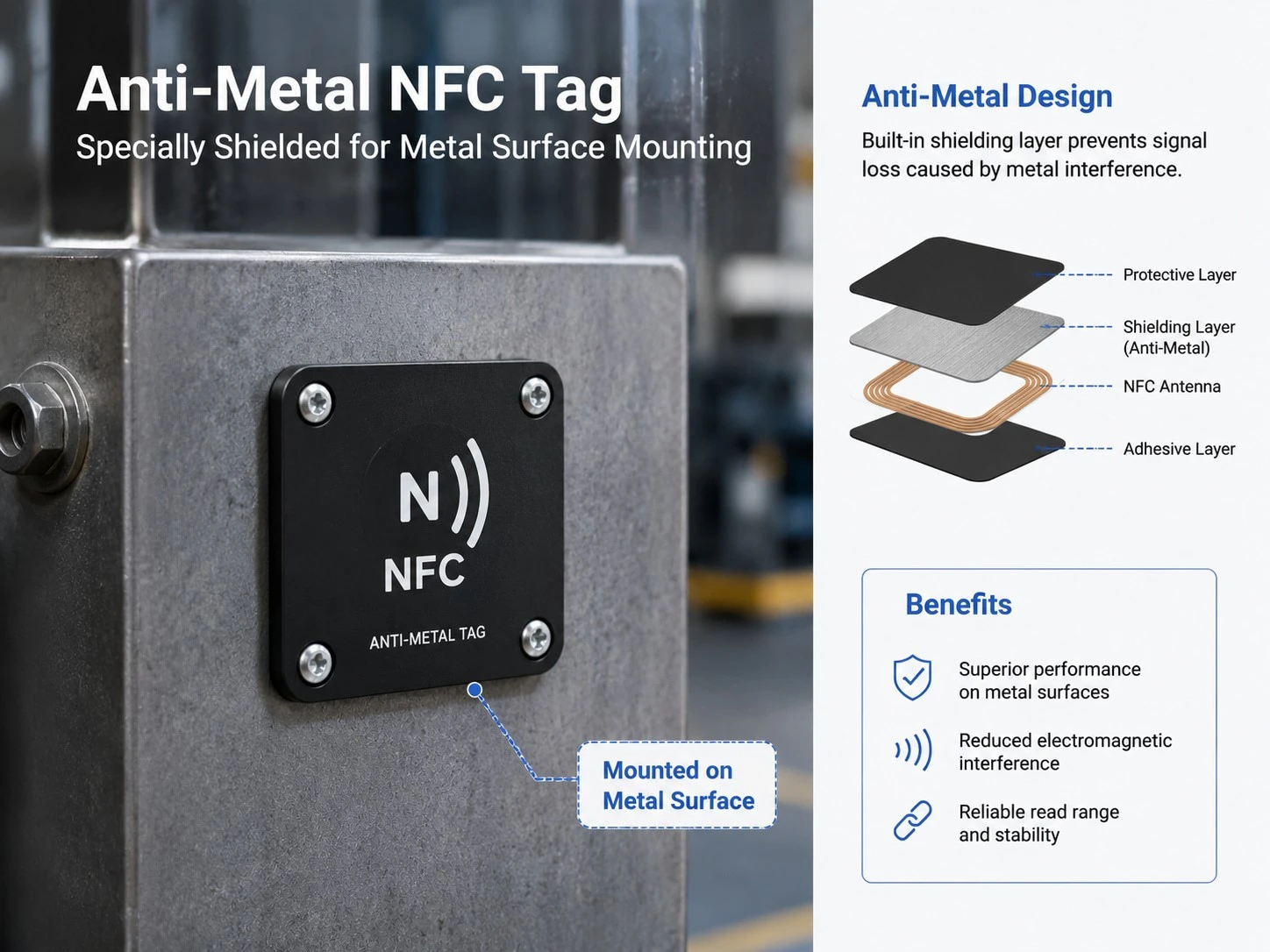 Specially shielded anti-metal NFC tag mounted on an industrial surface to prevent electromagnetic interference