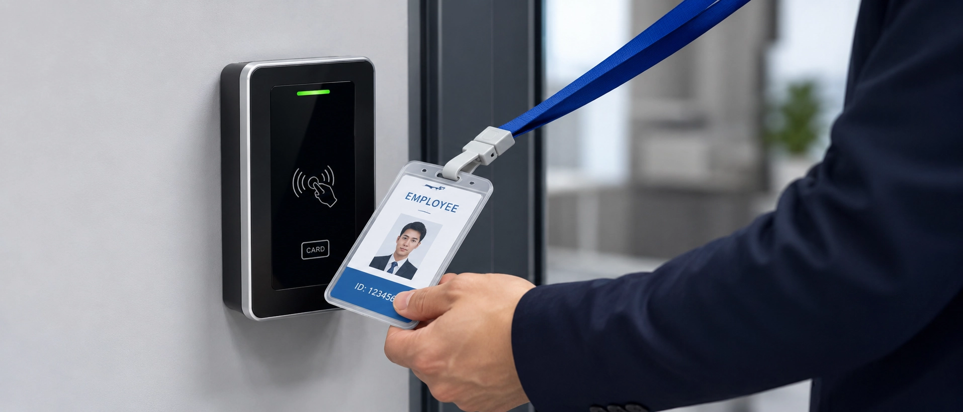 RFID employee badges being scanned on access control reader terminal for identity verification RFID employee badges being scanned on access control reader terminal for identity verification
